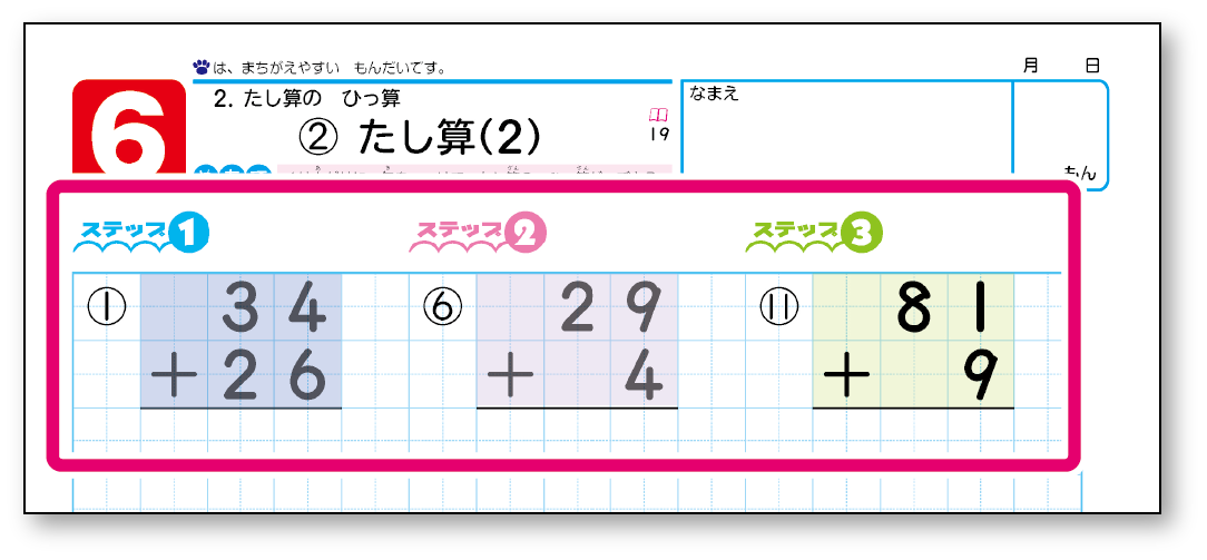 ここに注目！「計算の型」ごとに色分け計算のしかたのちがいを確認しながら取り組める！